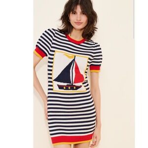 Flat White Nautical Sailboat Striped Knit Mini Dress Navy White Red Small